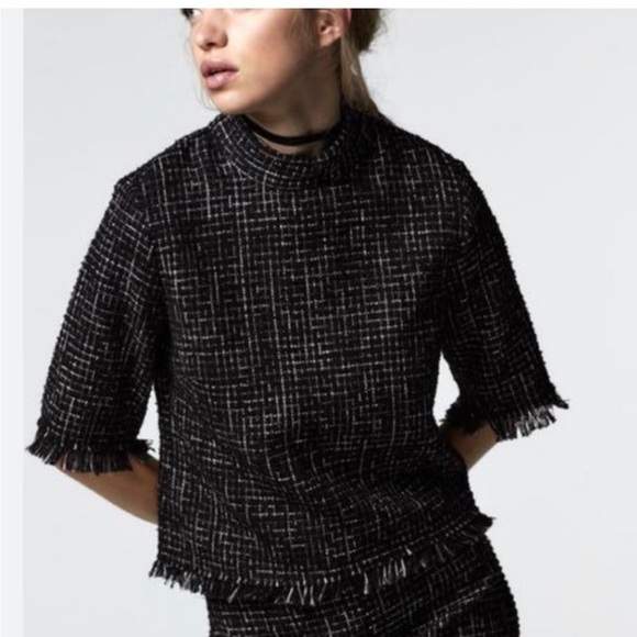 Zara tweed frayed textured half sleeves black and white top. Size X- Small - Picture 3 of 10